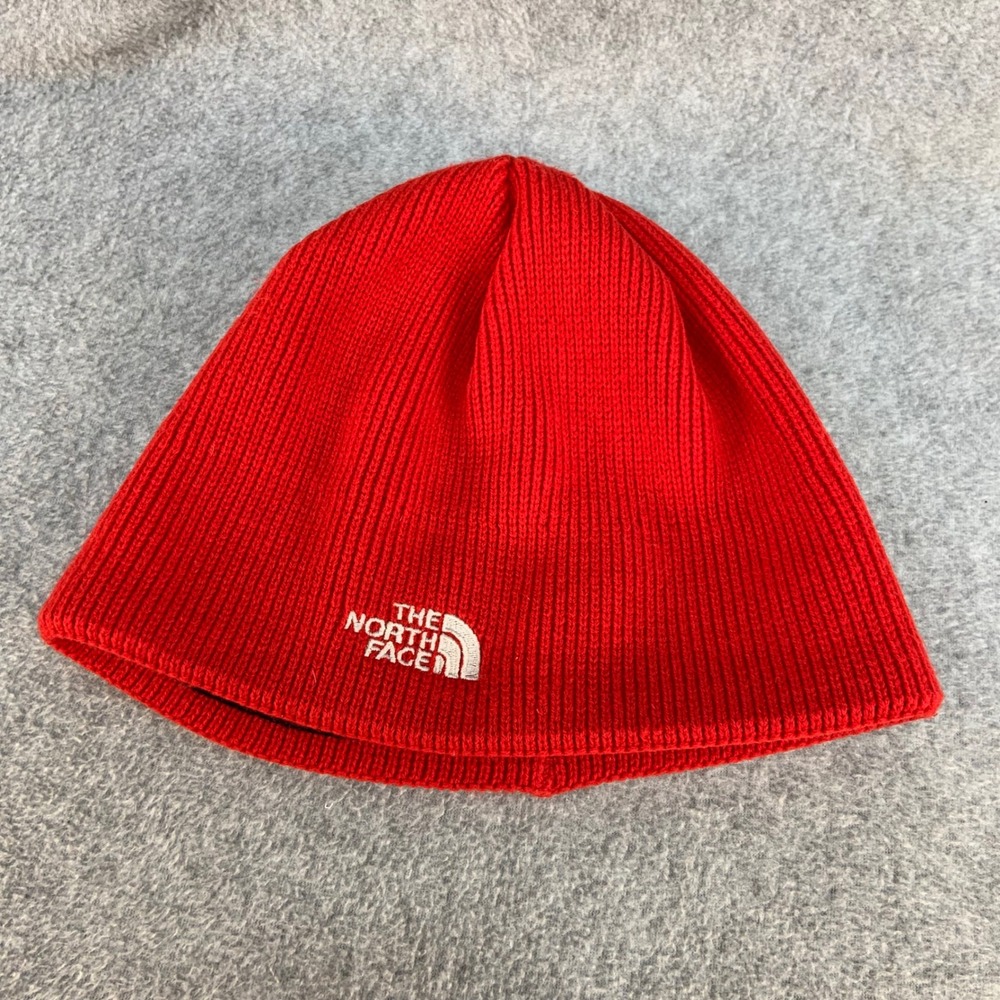 The North Face Embroidered Logo Unisex Red Ribbed Knit Beanie Hat OSFM
